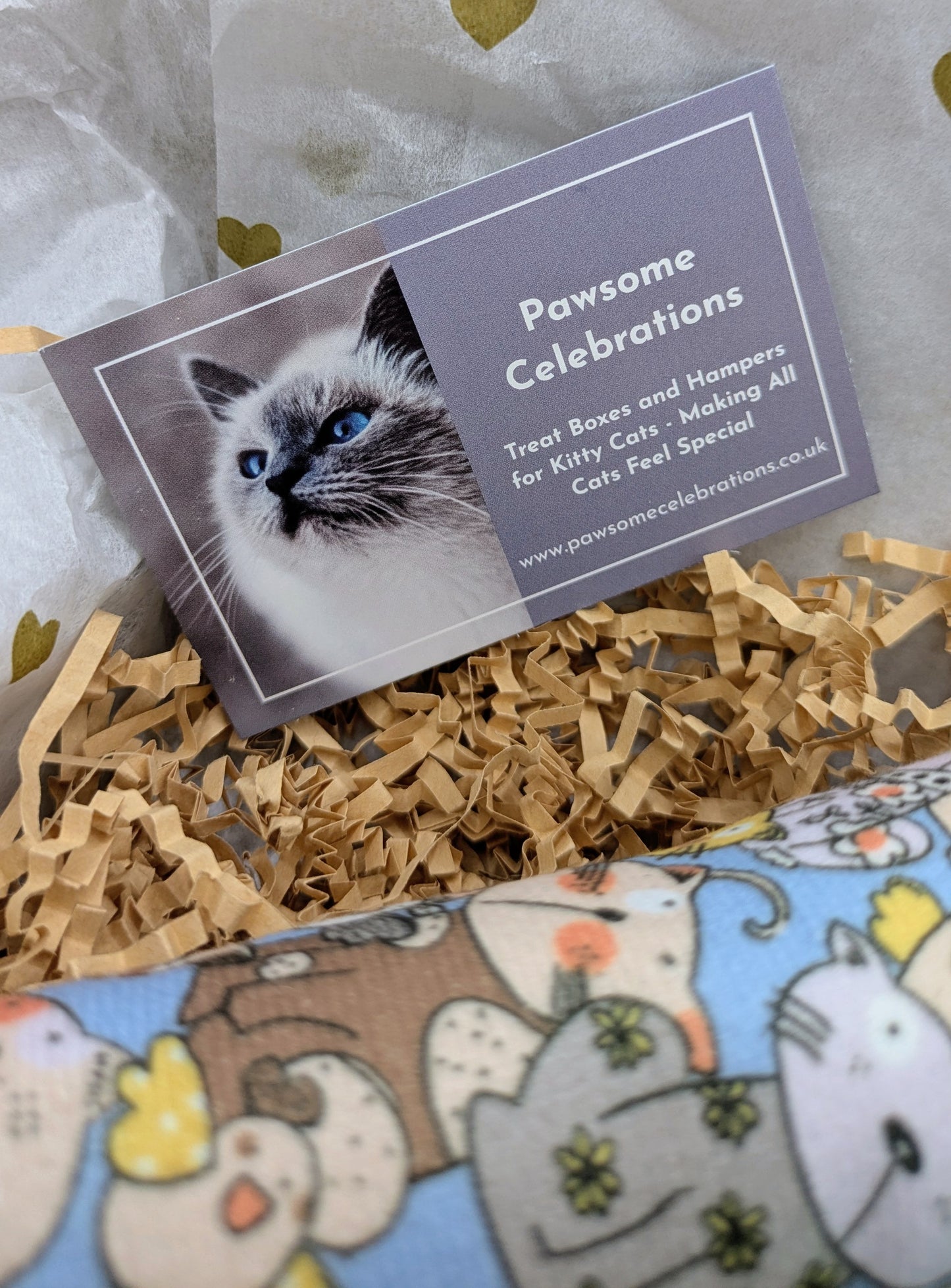 Business card for 'Pawsome Celebrations' with a cat image on a box of cat-themed products.