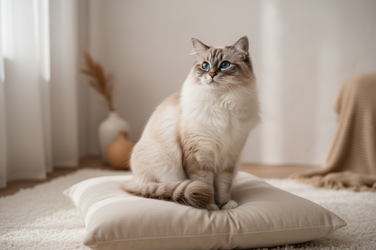 Ragdoll cat sitting on a cushion, looking towards a window