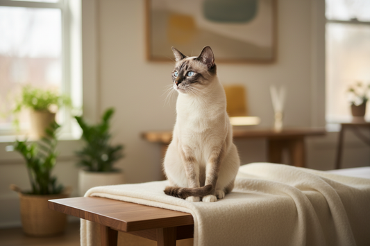 Siamese cat sitting on a table, looking towards a window
