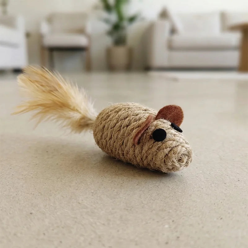 Sisal mouse cat toy with a rope-wrapped body, brown ears and a feathery tail