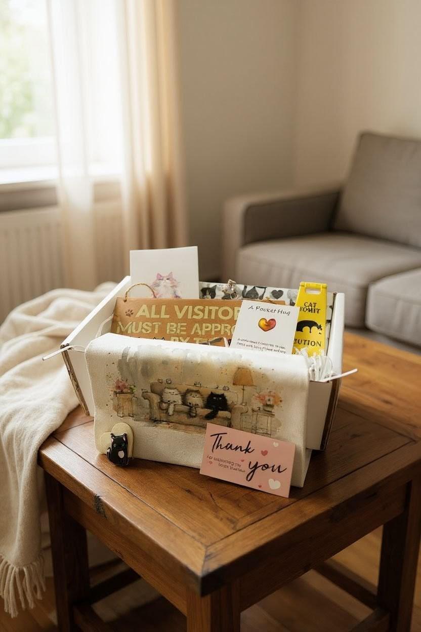 Personalised cat mum gift set in clear box with cat-themed candle, card, and treats on wooden table.
