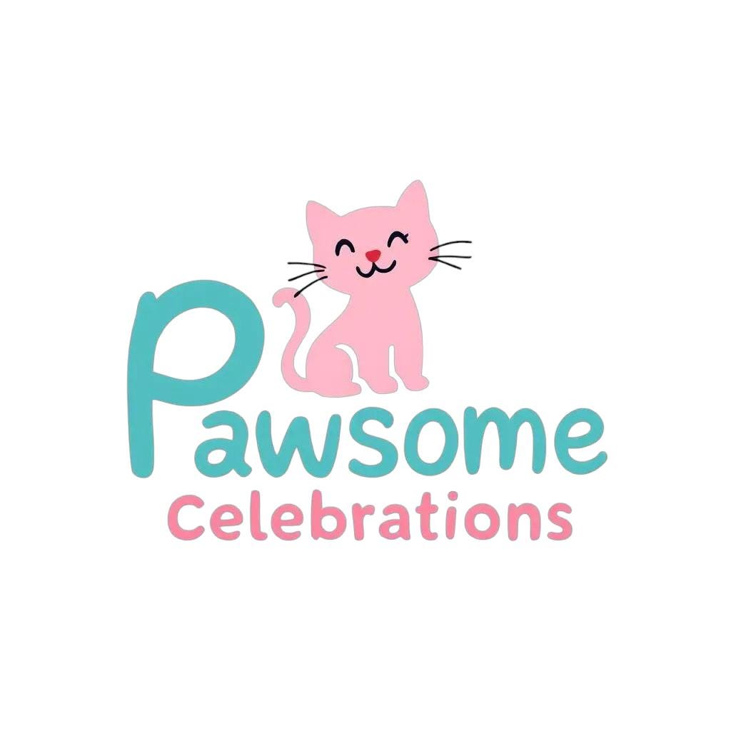Pink smiling cartoon cat above teal "Pawsome" and coral "Celebrations" text on white background.