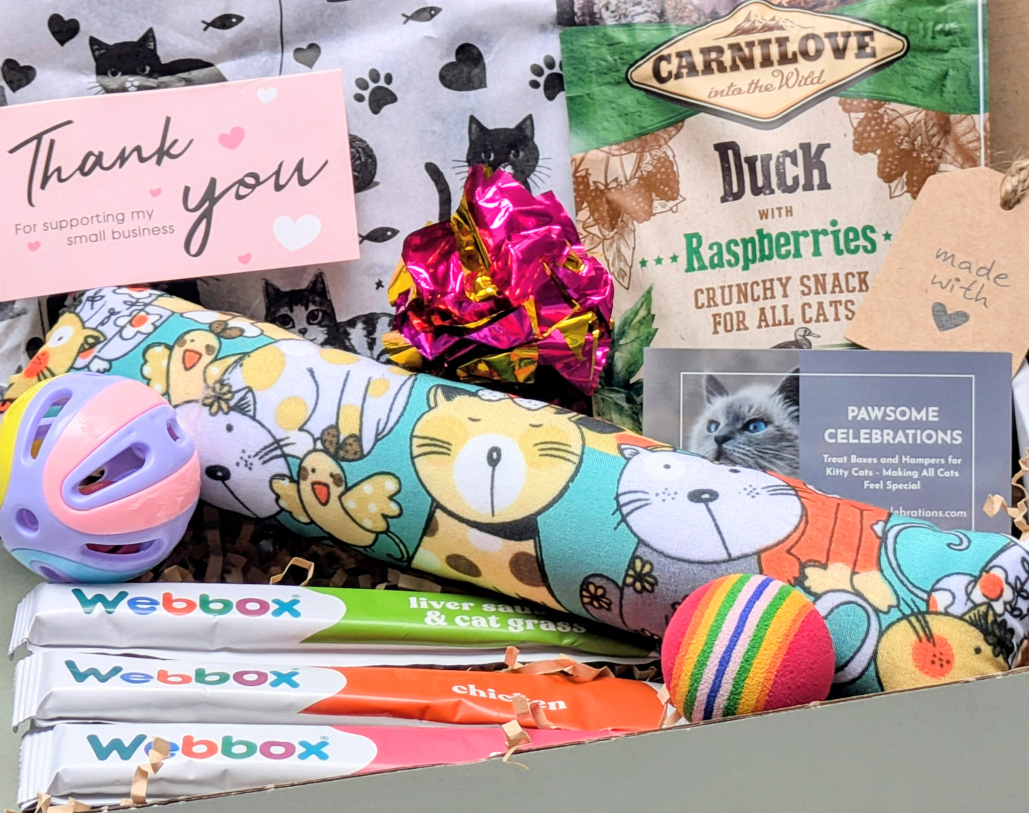 Assorted cat products including a colorful catnip toy, Webbox cat food boxes, and Carnilove cat snacks on a checkered fabric background.