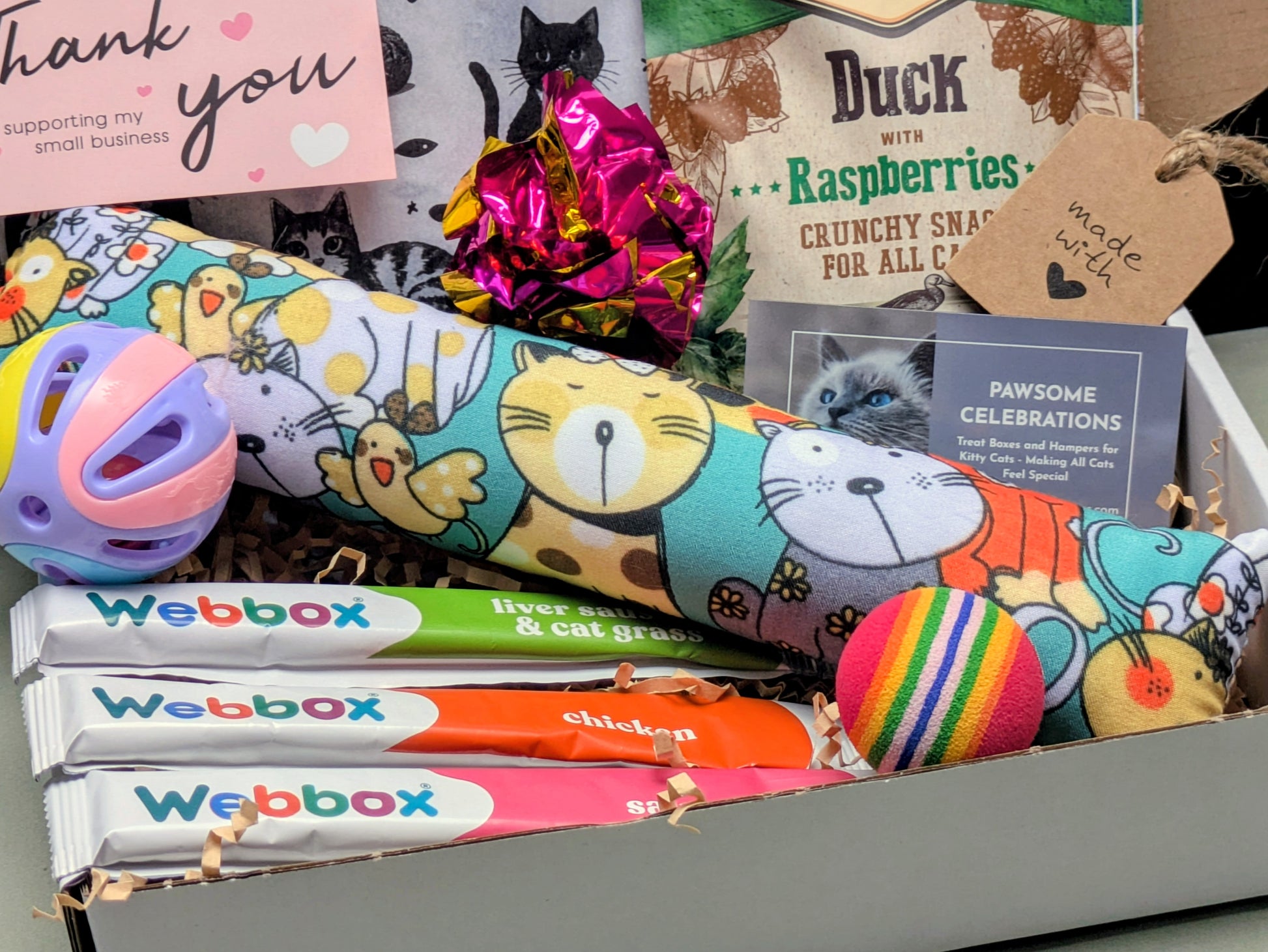 Assorted pet products including a colorful pillow with cat designs, Webbox cat treats, and a small bag of catnip.