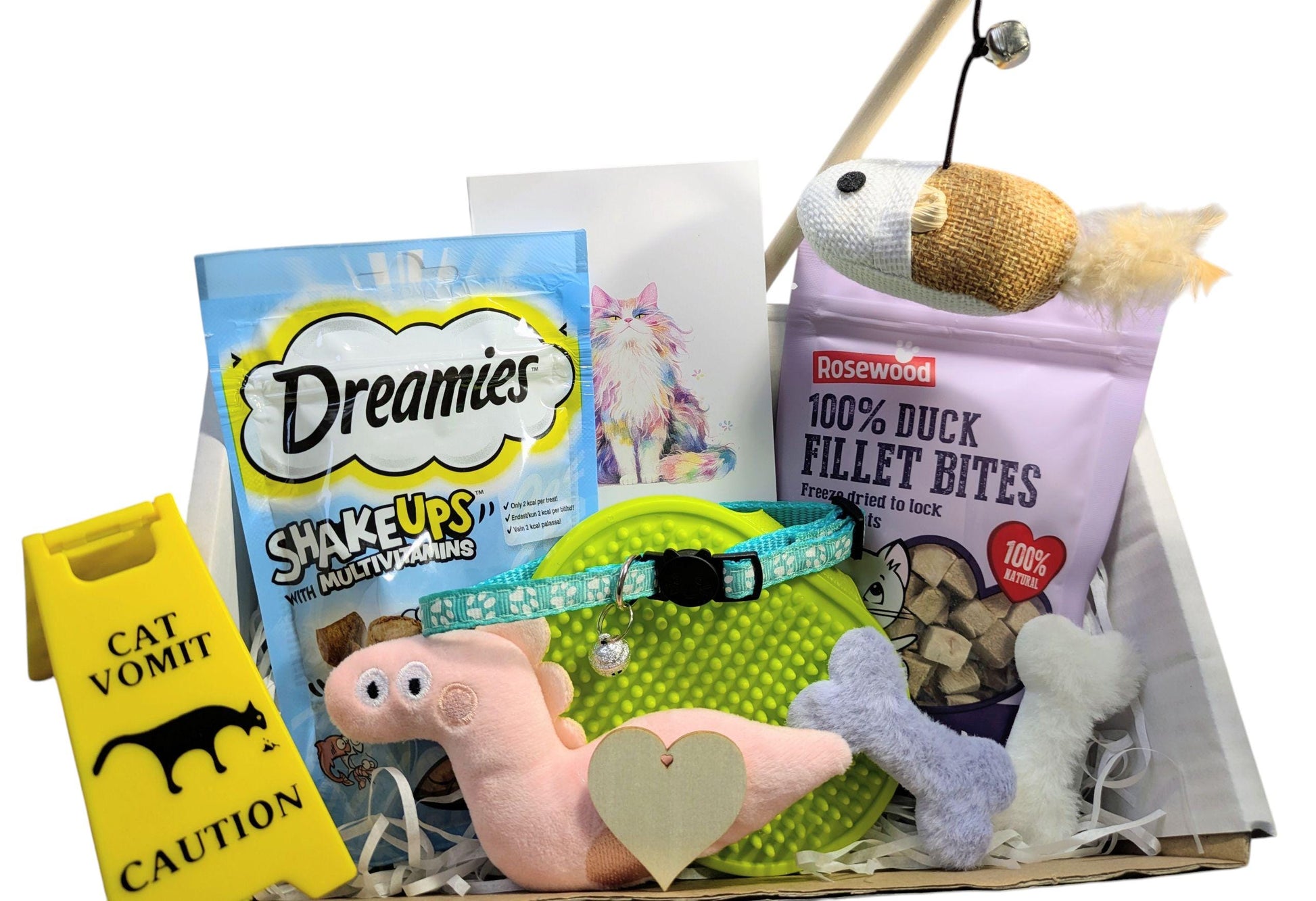 Luxury cat gift box with pink plush snail toy, green bed with paw prints, bone and fish toys, and assorted treats.