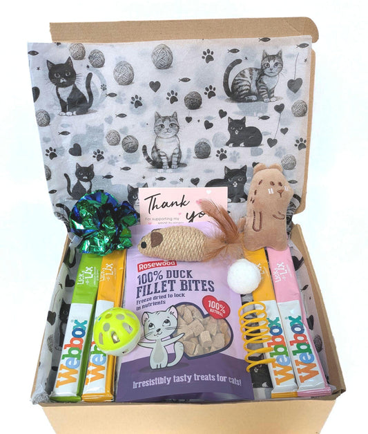 Open cardboard box with printed cat illustrations, containing colorful cat treat packets, a plush mouse toy, and a thank you .