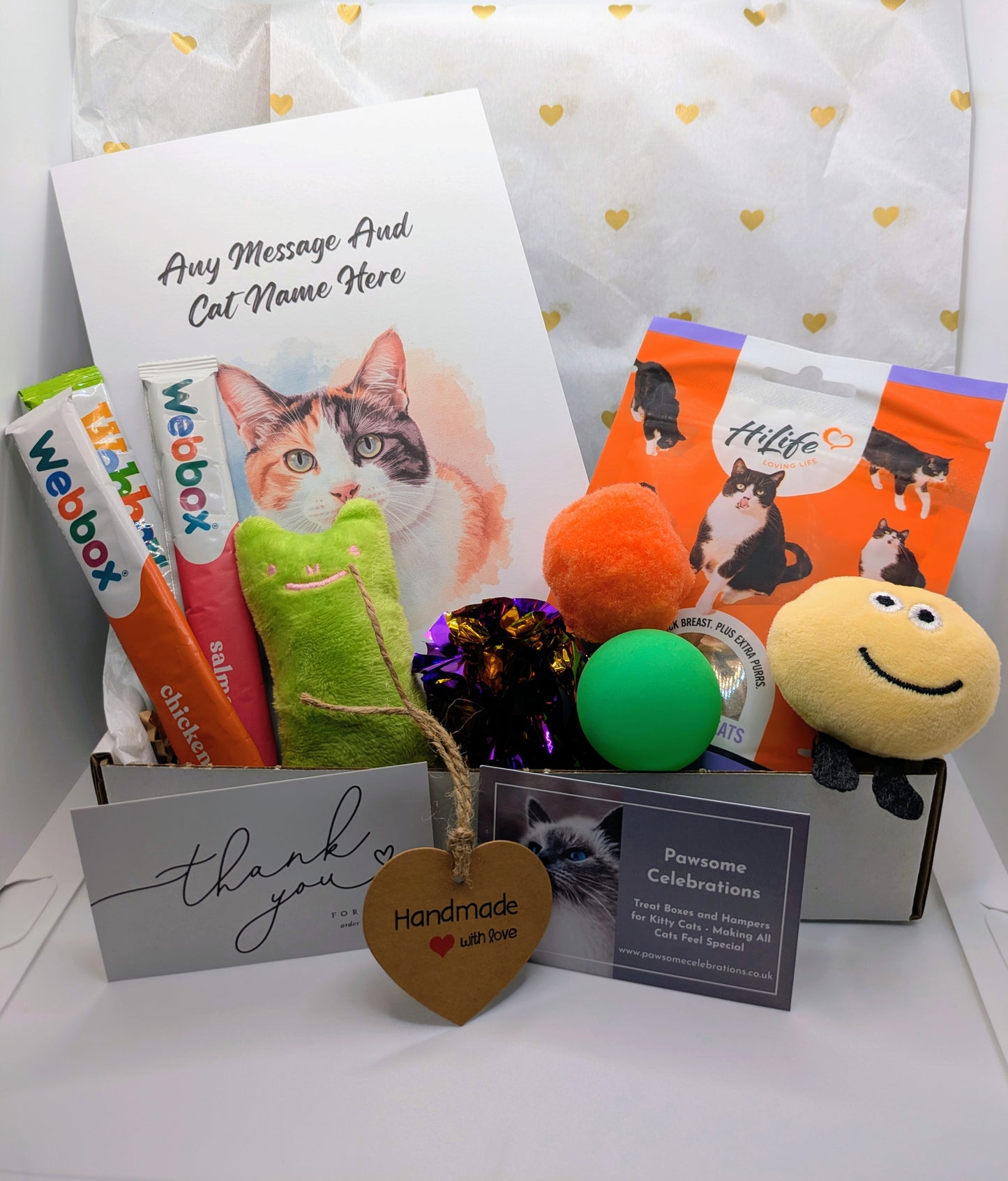 Grain-free cat treats, toys, personalised card and handmade tag.