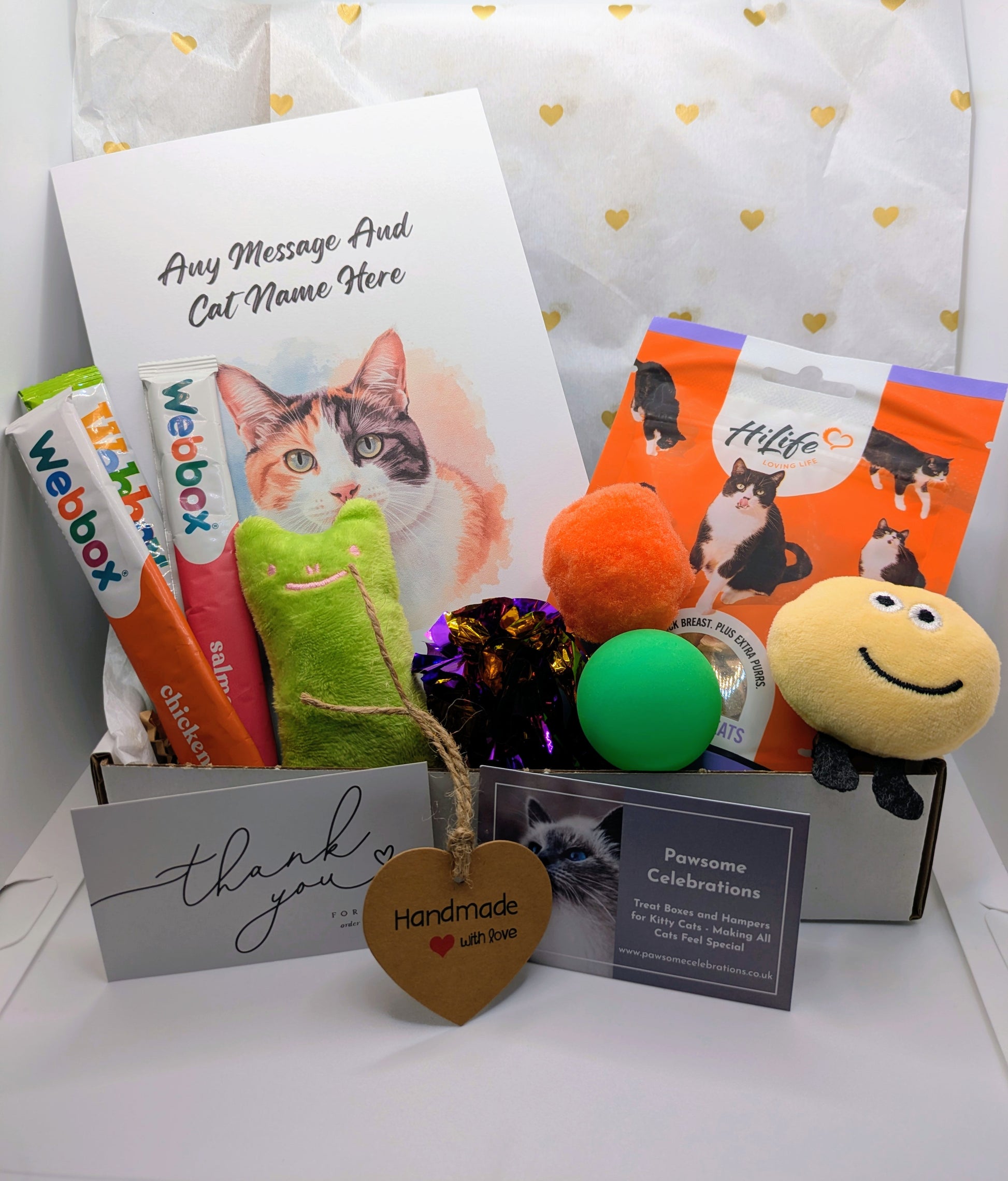 Grain-free cat treats, toys, personalised card and handmade tag.