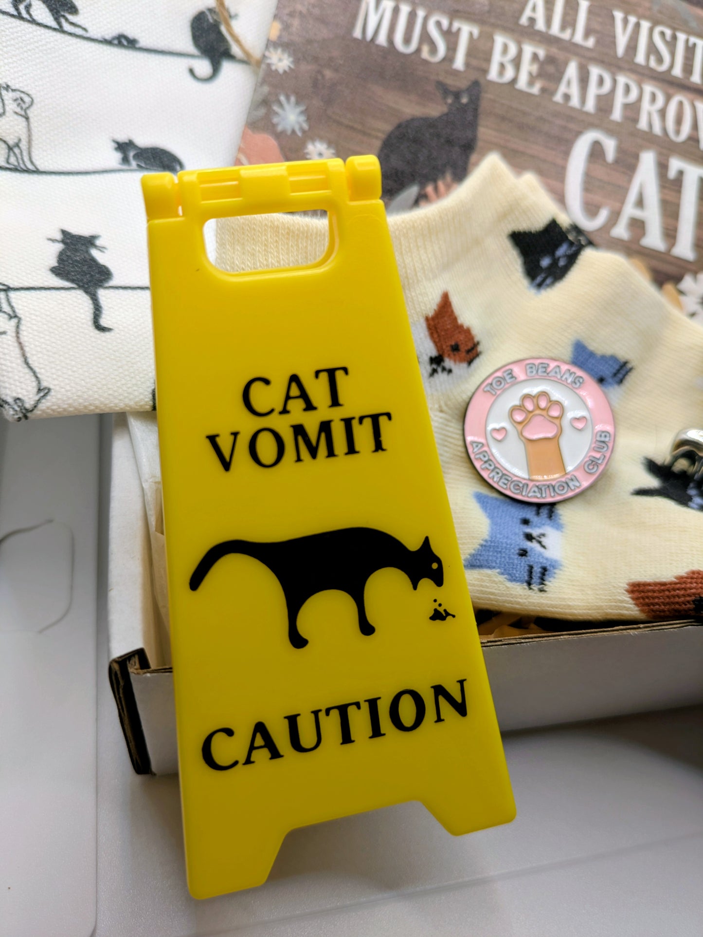 Warning: cat vomit sign - a humorous sign as part of a cat themed gift set 