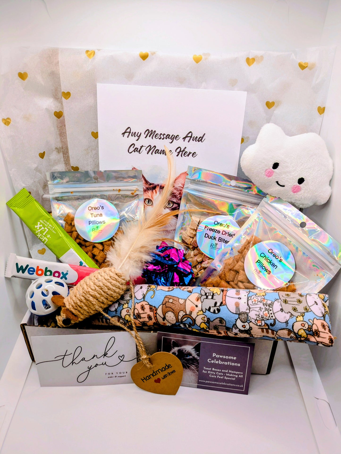 Cat treat Hamper with catnip cat kicker toy, sisal mouse, other toys, treats, and a personalised card.