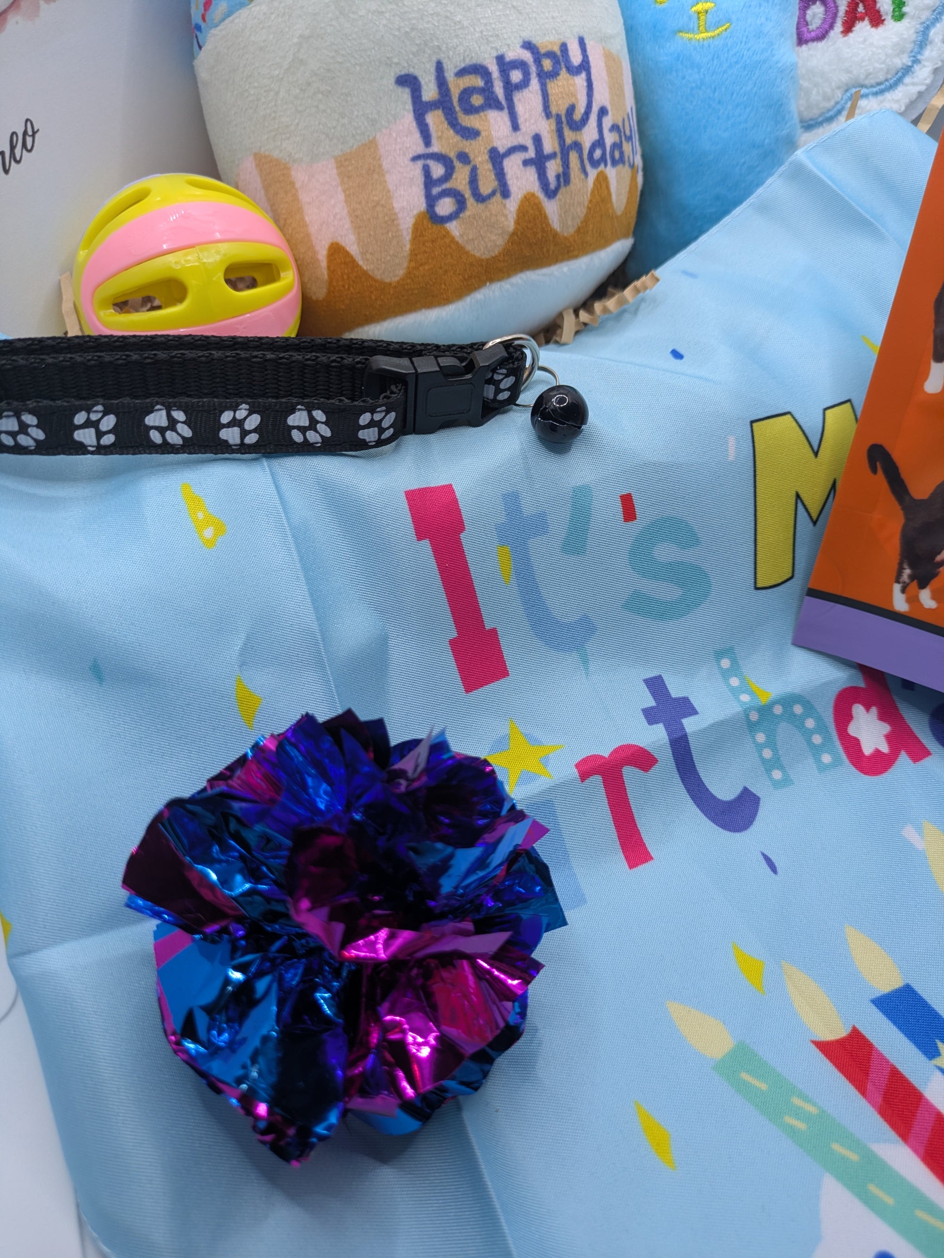 Blue theme cat toys and birthday bandana for cats