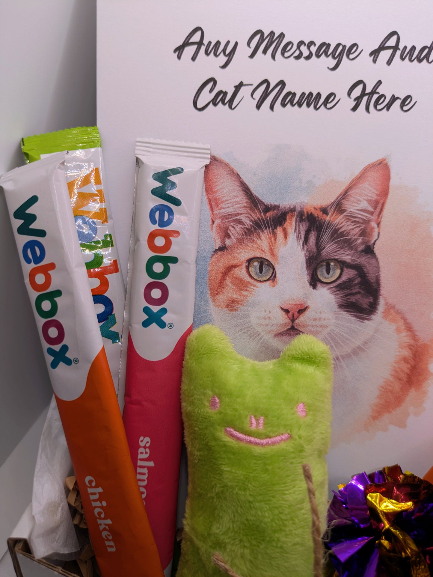 Customisable card and cat toy and grain-free cat treats