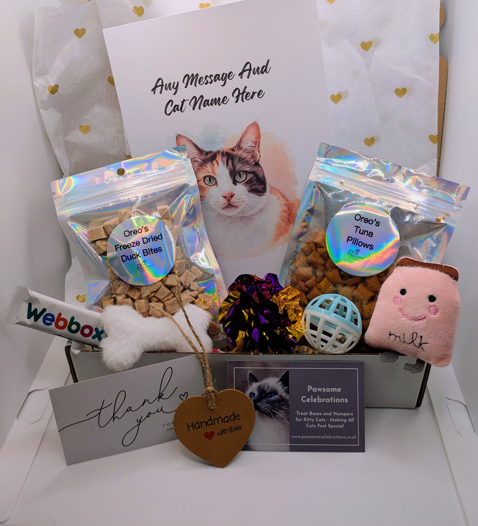 Cat treat box with personalised card, treats and toys
