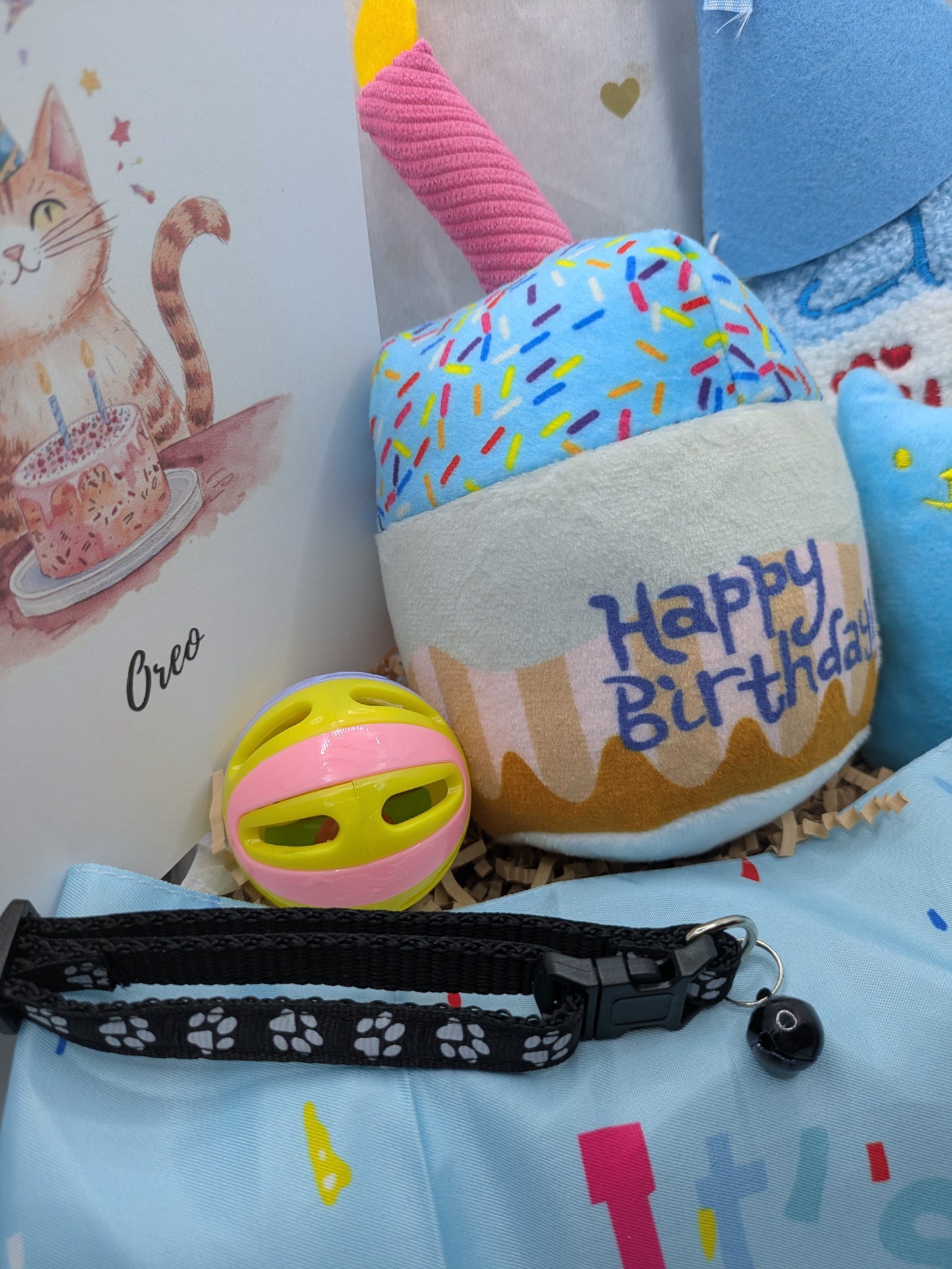 Birthday toys, collar and cake for cats
