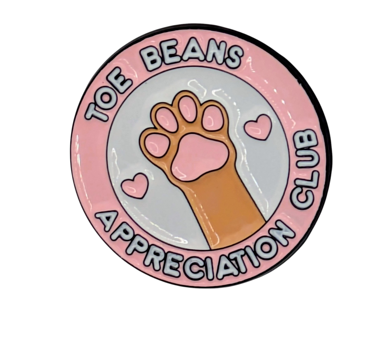 Quality Light pink enamel lapel pin badge for cat lovers saying Toe Beans Appreciation Club.