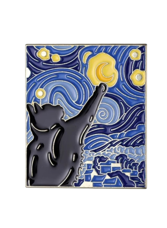 Enamel Lapel Pin with a cat design on a Van Gogh starry night background