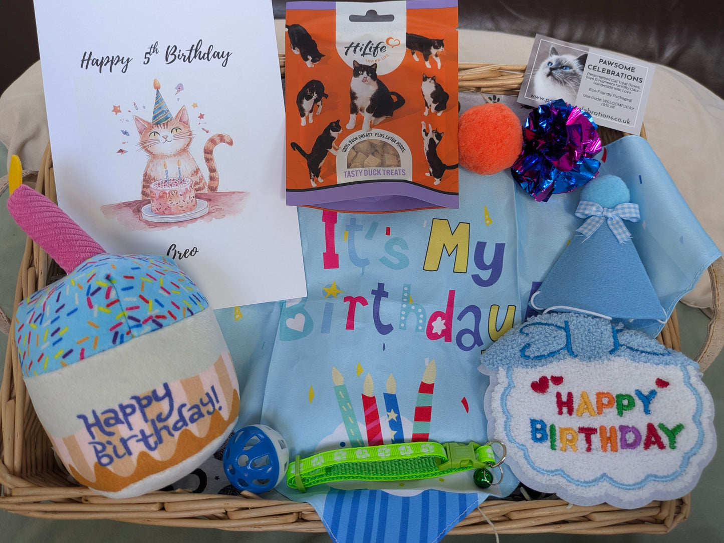 Birthday-themed pet gift basket with toys and cards
