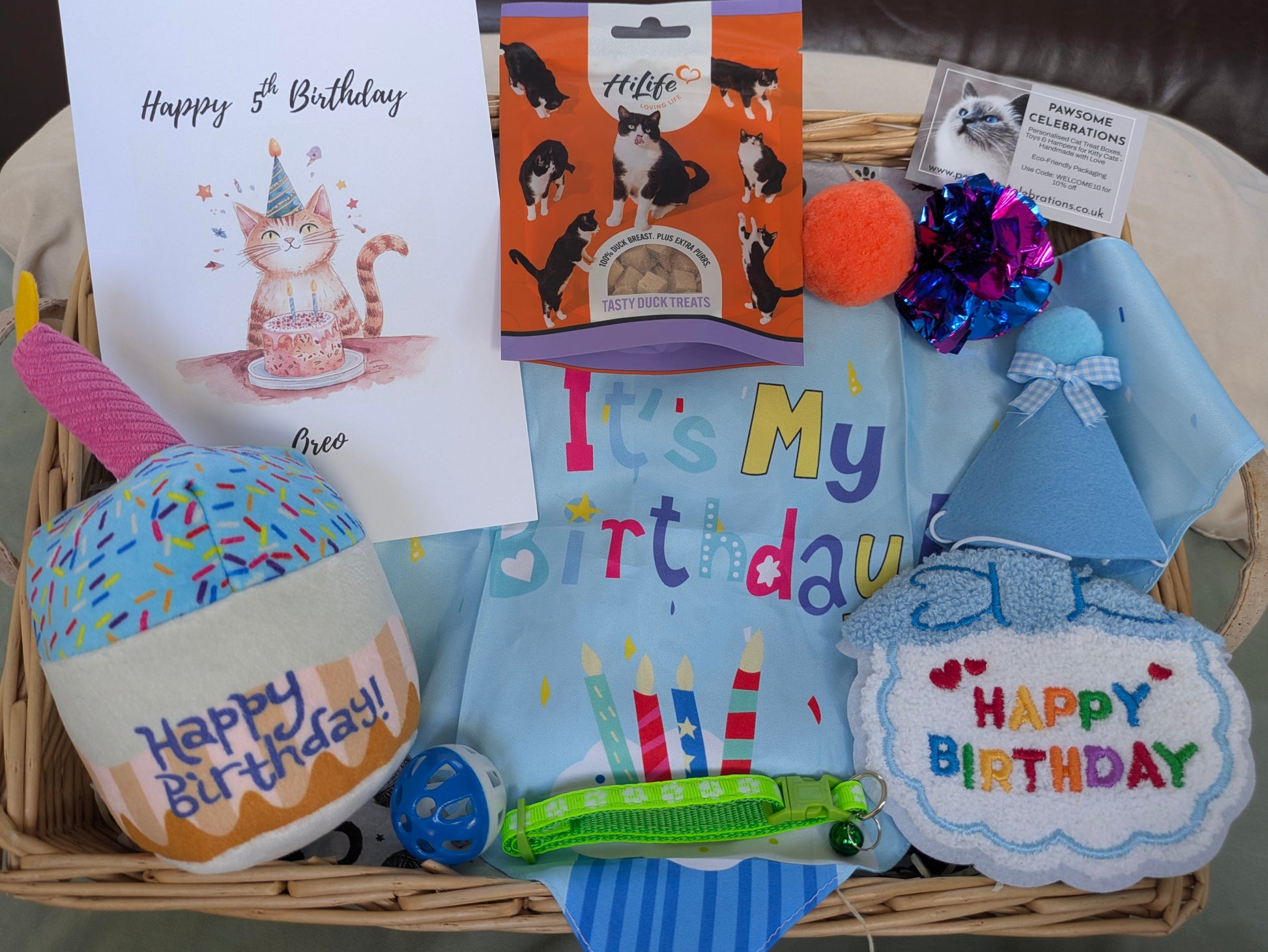 Birthday-themed pet gift basket with toys and cards