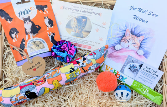 Cat-themed gift basket with various items including catnip toys, get well soon card, and treats.