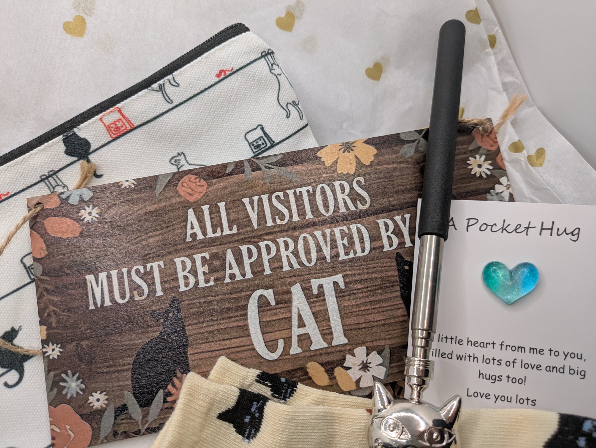 A collection of cat-themed gifts in a box. A sign reading "All Visitors Must Be Approved By Cat", a cat-shaped back scratcher, and a pocket hug