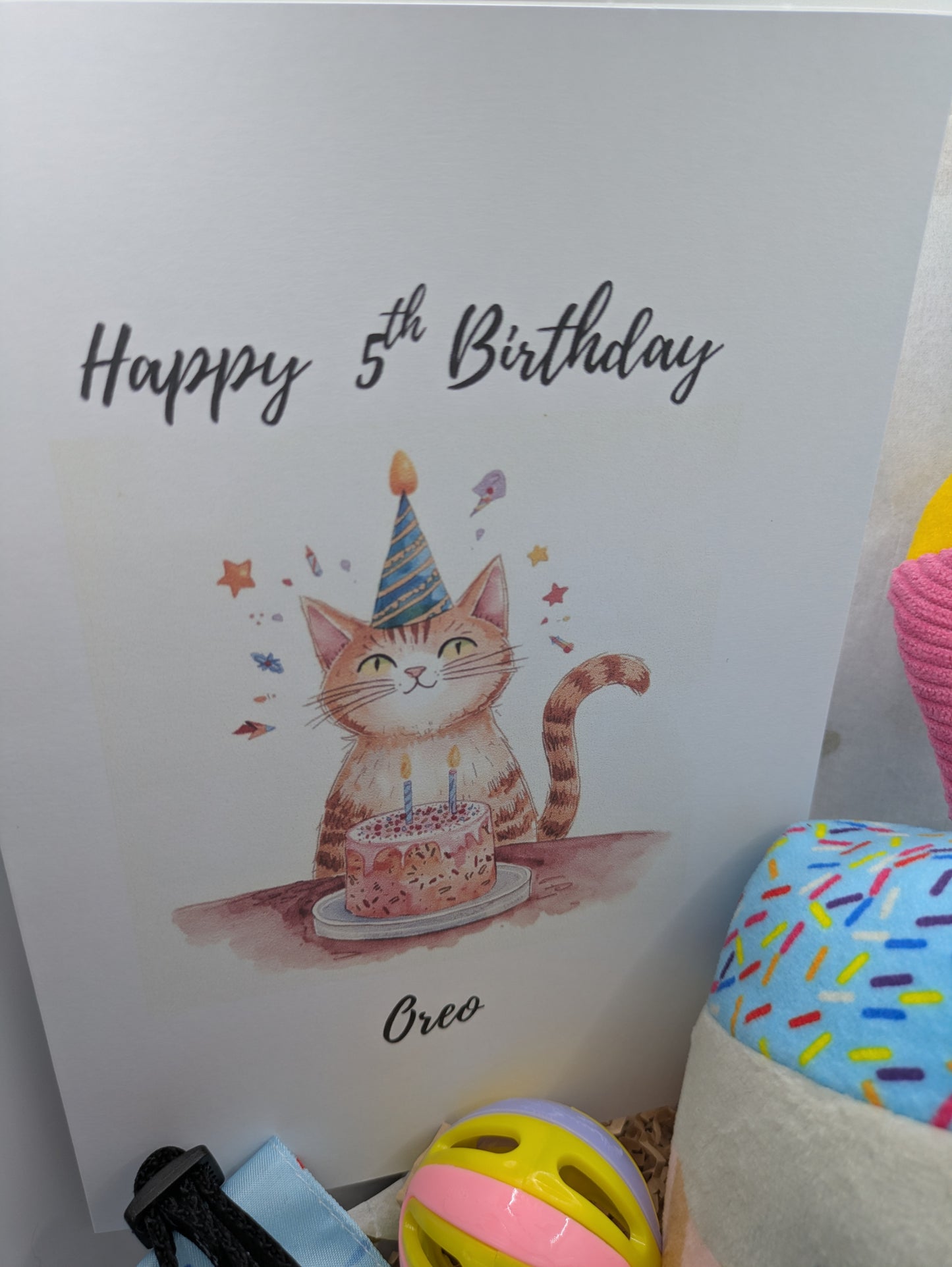 Personalised birthday card for cat with cat toys