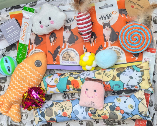 Collection of colourful cat toys and grain-free treats on a patterned surface