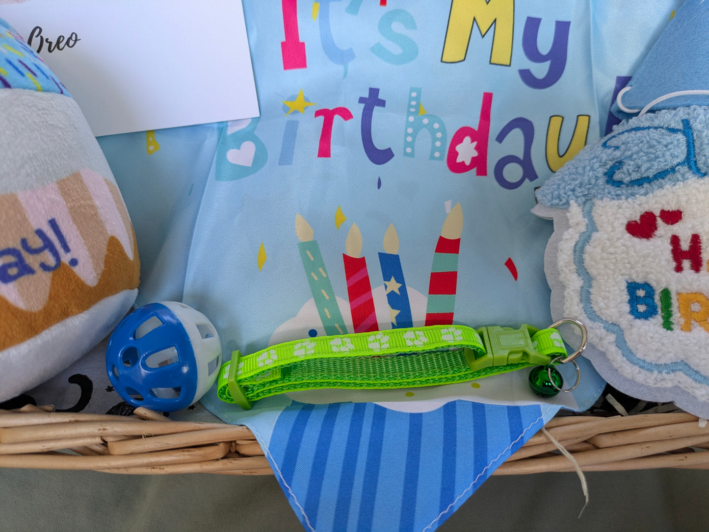 Basket with birthday-themed items including a green collar, colorful card, and cat toys.
