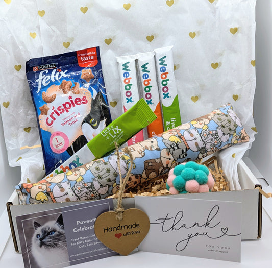Cat-themed gift box with treats, toys, and a card on a white background