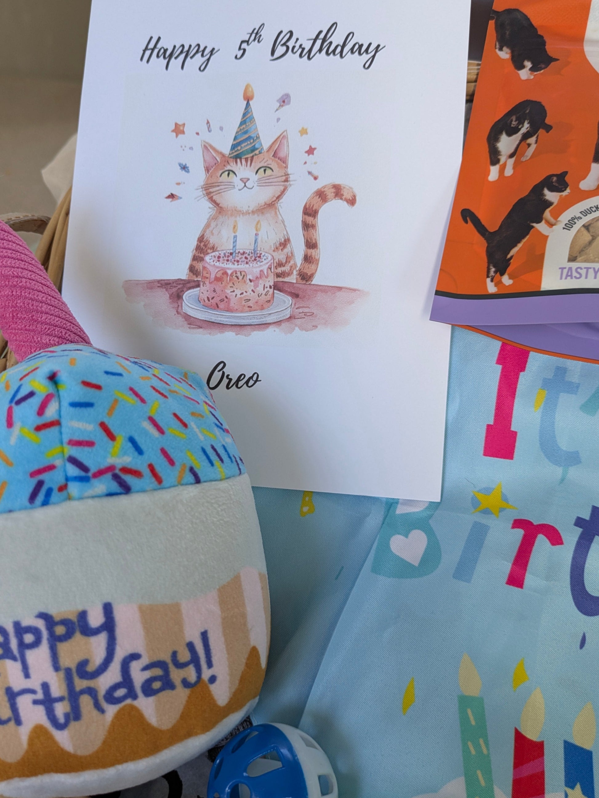 Birthday-themed plush toy and customisable card with a cat illustration on a light-colored surface.