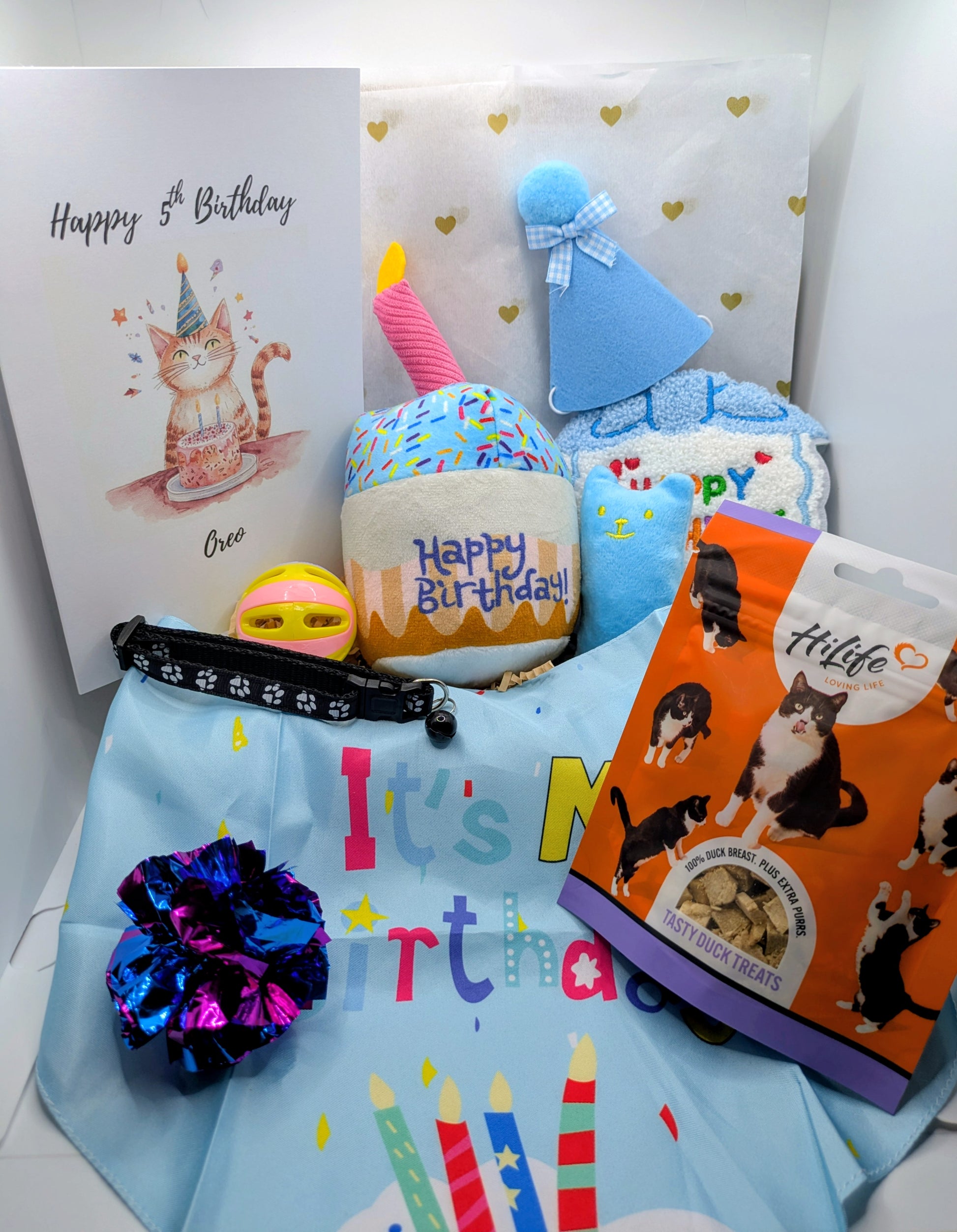 Birthday Gift for Cats: Blue theme with toys, treats, collar, and personalised card