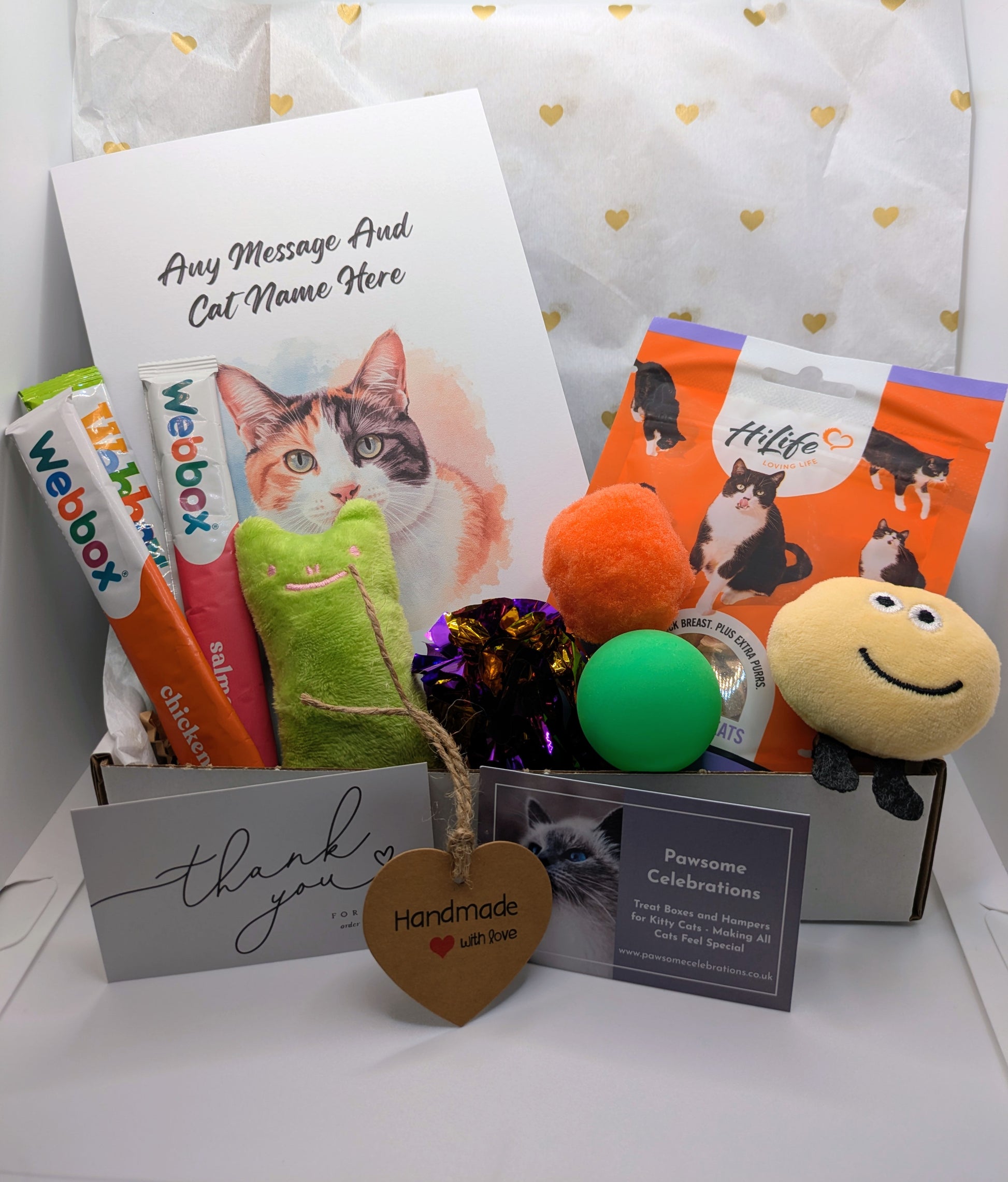 Grain-free cat treats, toys, personalised card and handmade tag.