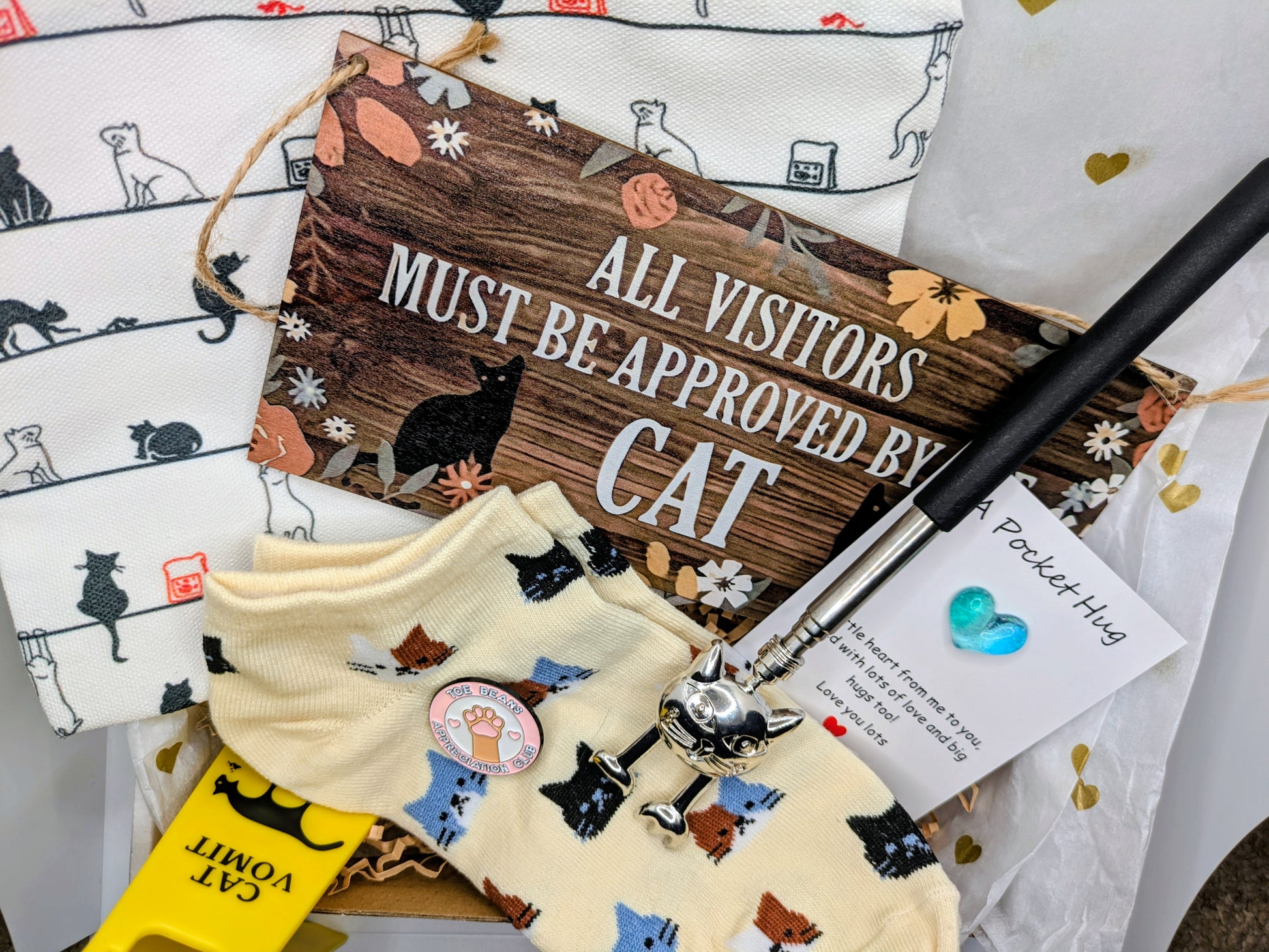 A collection of cat-themed gifts in a box. Features a yellow warning sign saying "Cat Vomit", socks with cat designs, a sign reading "All Visitors Must Be Approved By Cat", a cat-shaped back scratcher, a pocket hug, and a make-up bag with cat illustrations.