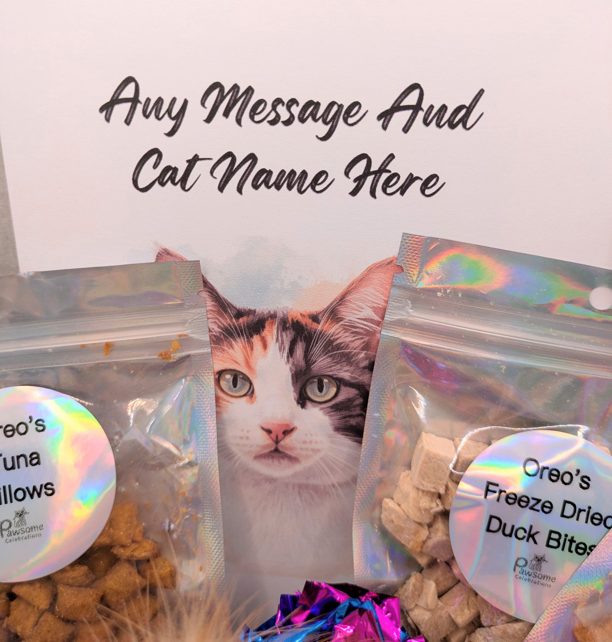Personalised card for cat with cat treats